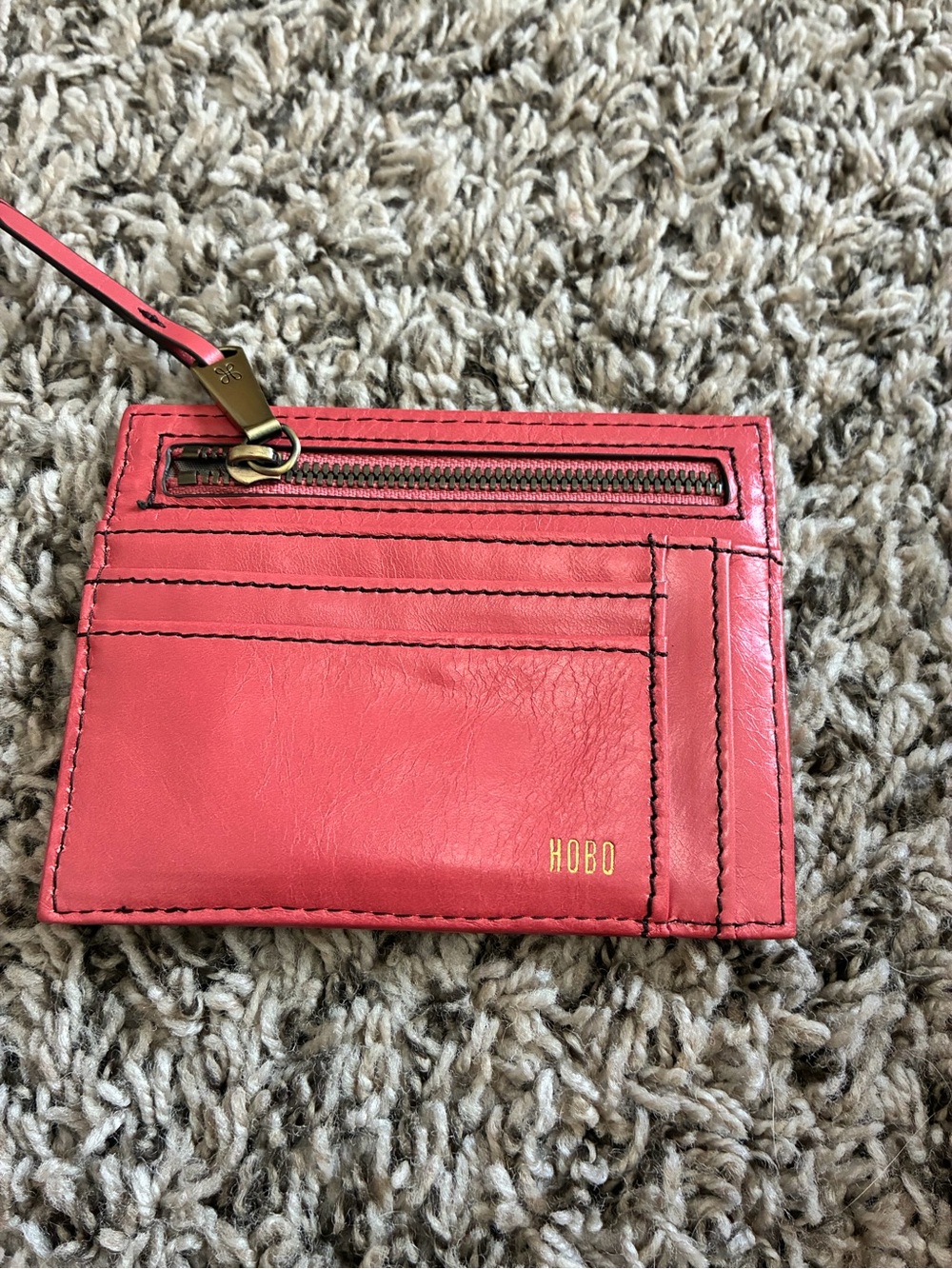 HOBO Coral-Pink Leather Card Wallet with Zip Pocket
